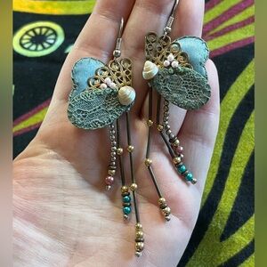 VTG Cottagecore Artist Signed Handmade Fabric and Beaded Pierced Earrings